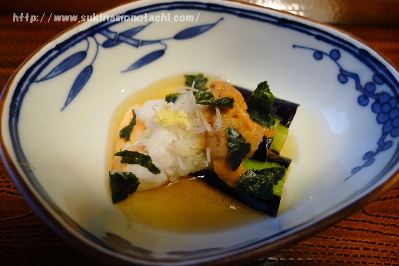 萃 sui-諏訪湖(すい すわこ）の個室食事処でいただく夕食「揚げ茄子のべっこう餡かけ」