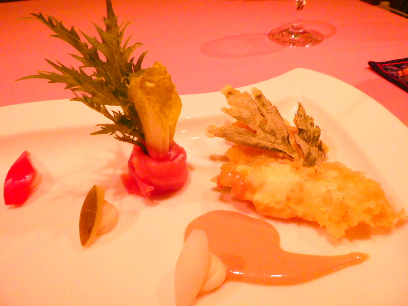 オーベルジュミヨーの夕食　オードブルの盛合わせ　真鯛とアシタバのフリット